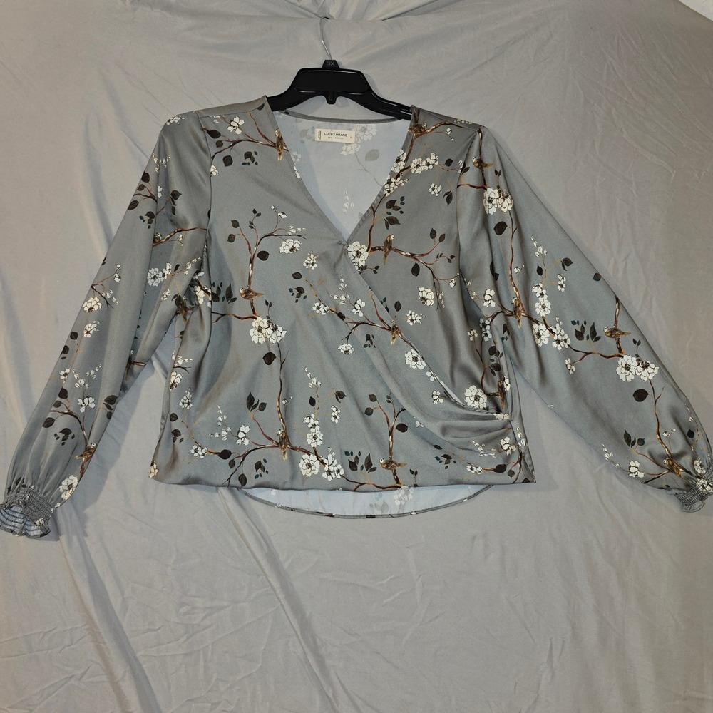 Lucky Brand Wrap Blouse Large Women Sage Green Floral Bird Satin V-Neck Top
